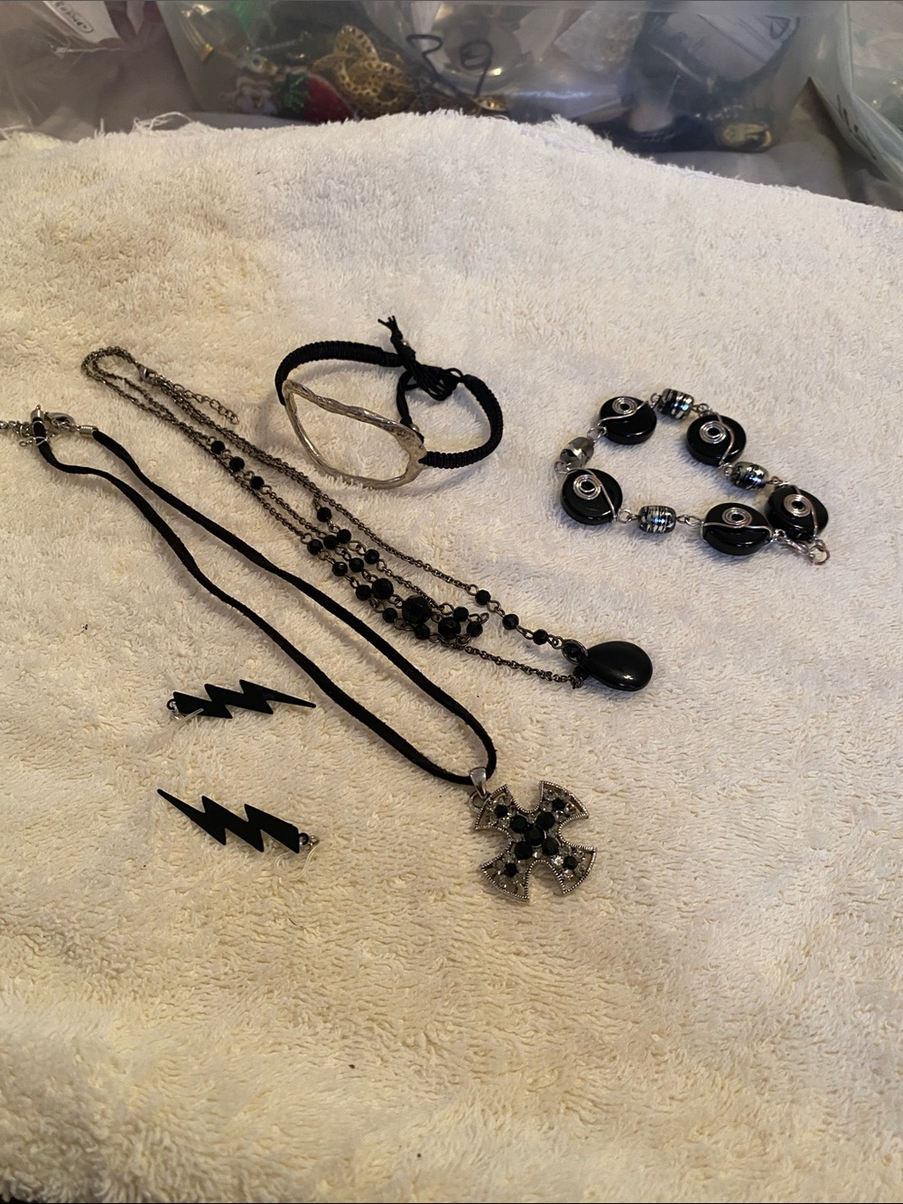 Black Crystal Cross Necklace Set with Lightning Bolt Earrings